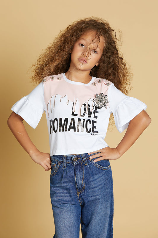 APUS 短款 s/m 荷叶边 T 恤,带印花加肩扣加水钻胸针