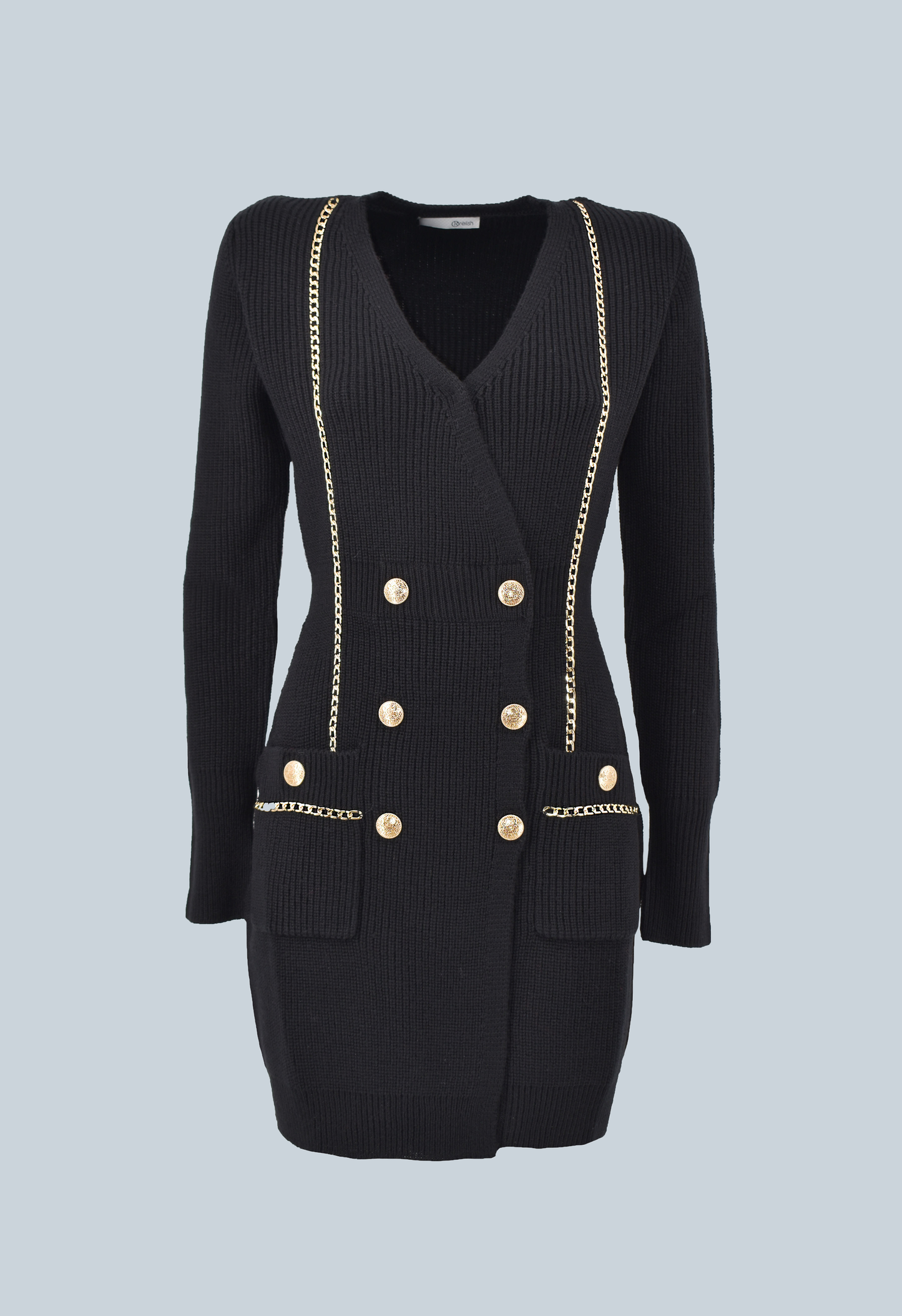 SANTAS 短款双排扣长袖链条加金纽扣加口袋连衣裙