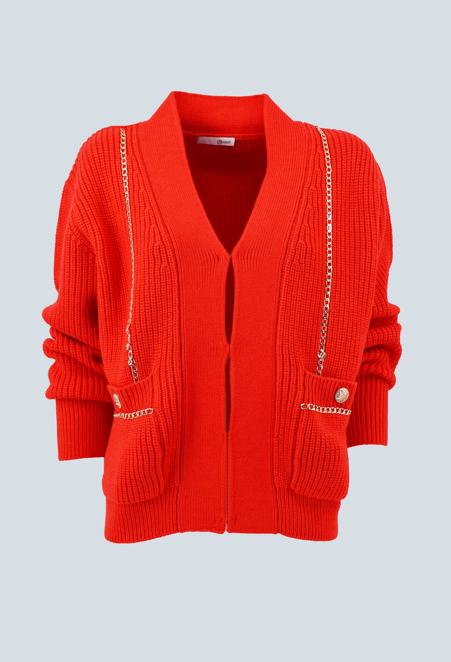 SATIS 长袖 V 领开衫,带链条加口袋加纽扣