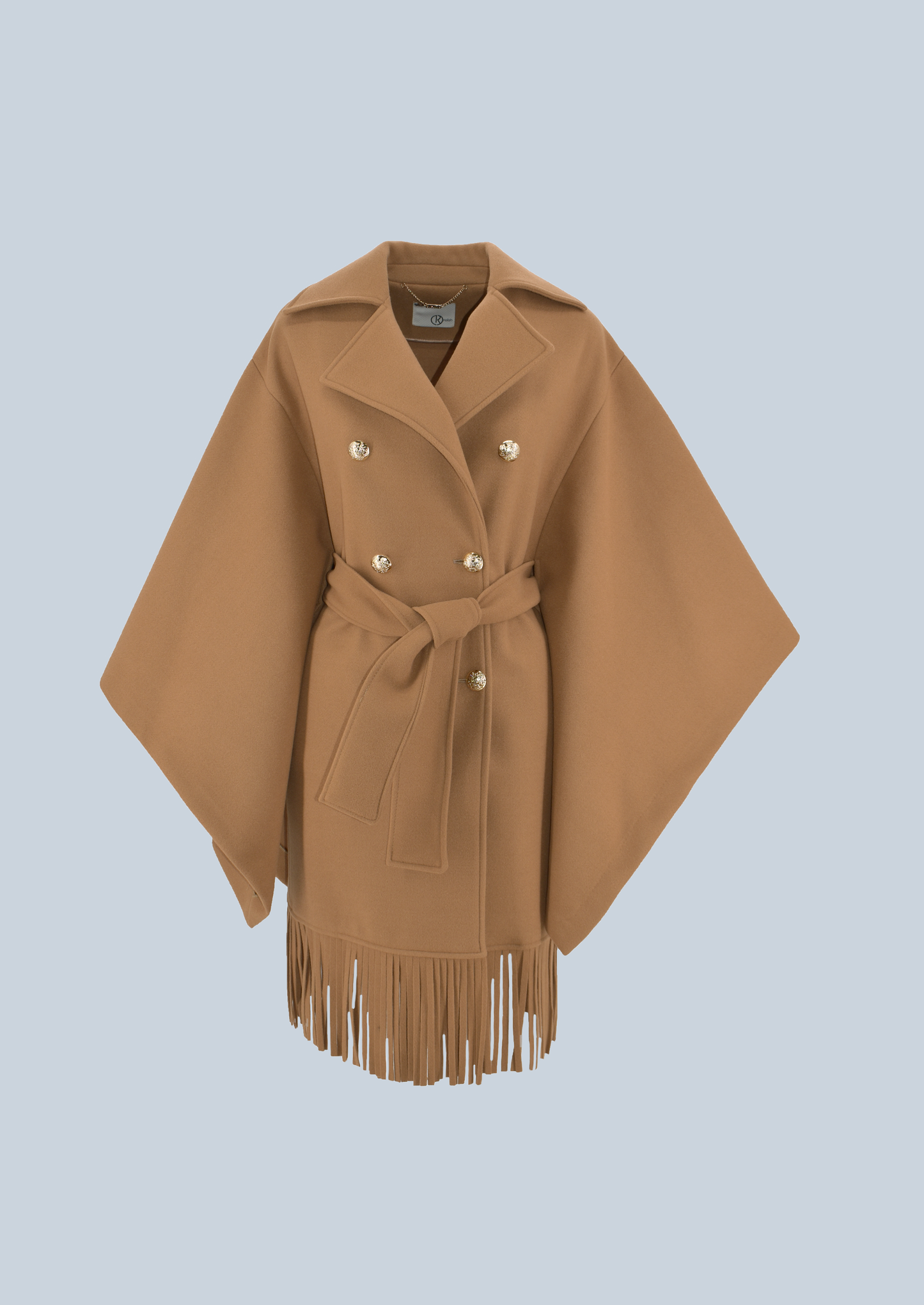 SOLE 流苏长大衣 3/4 袖胸前和服加纽扣加腰带