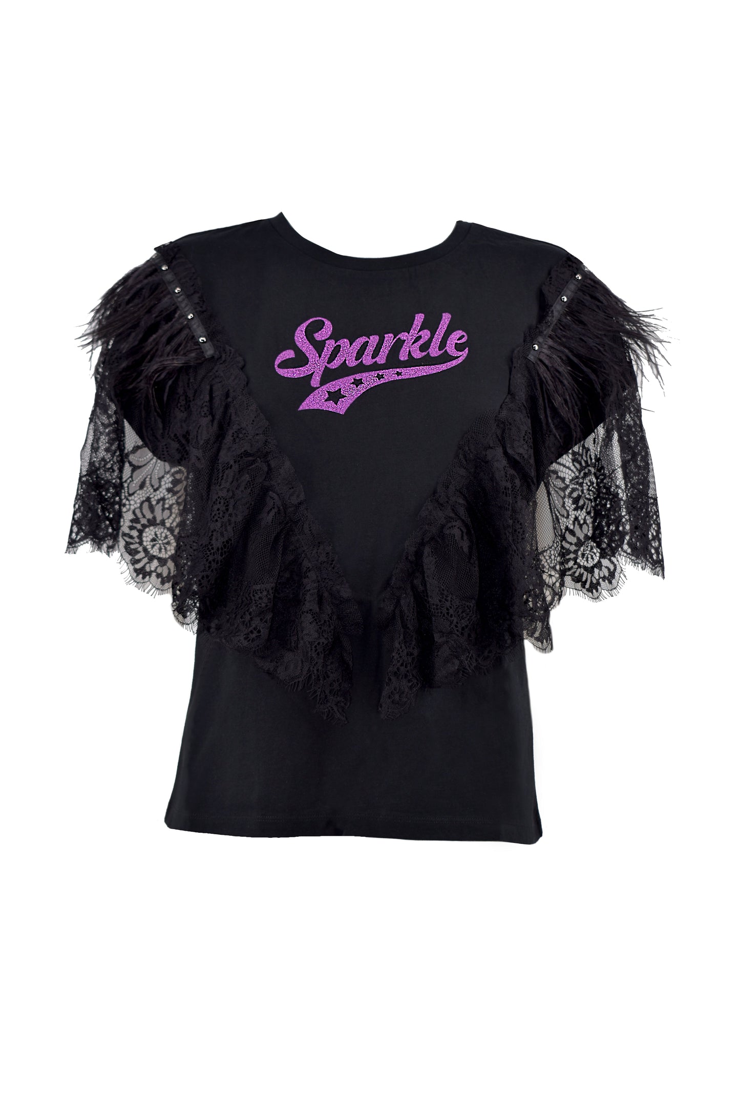SPARKLE 半袖 T 恤,带蕾丝加羽毛加饰钉加闪光印花