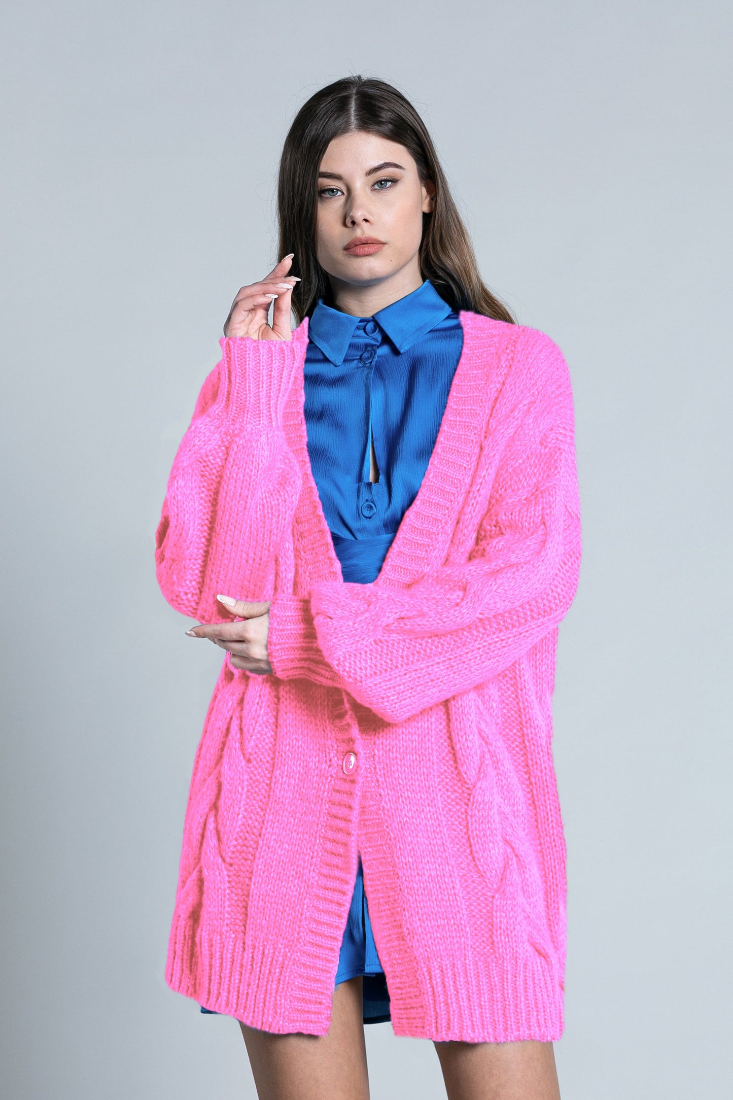 TOSHO 纽扣加编织长款气球袖开衫