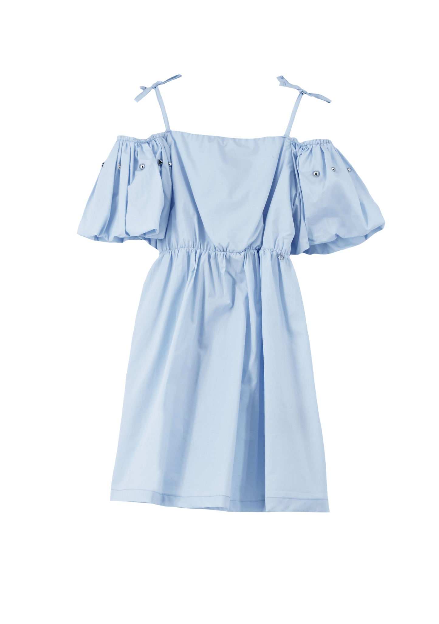 TUMMY 短款连衣裙,蝴蝶结肩带,半泡泡袖,饰钉