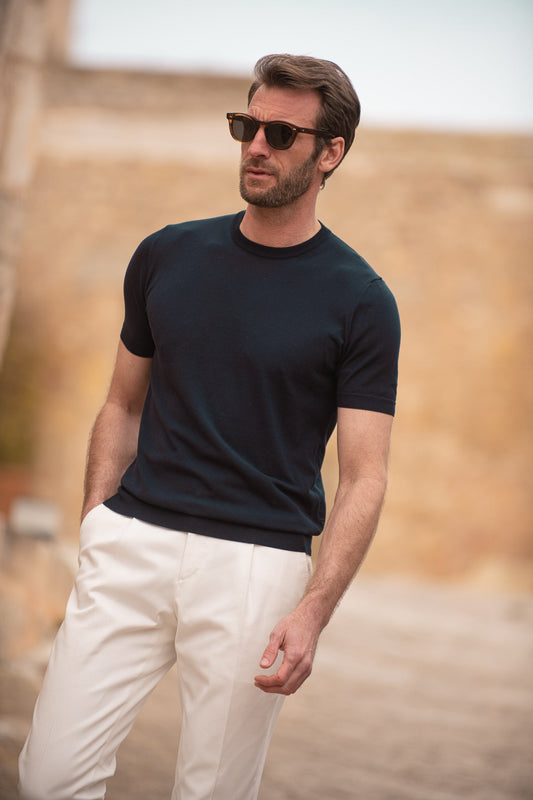 蓝色针织棉质真丝 T 恤 - 意大利制造