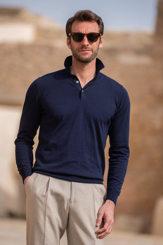 蓝色长袖棉质 Polo 衫 - 意大利制造