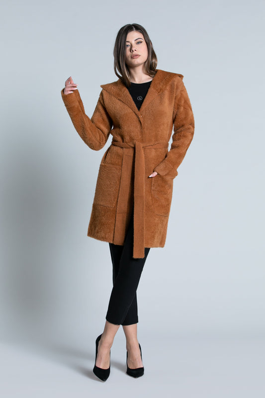 WILURDS 大衣连帽加腰带加口袋毛纱补丁