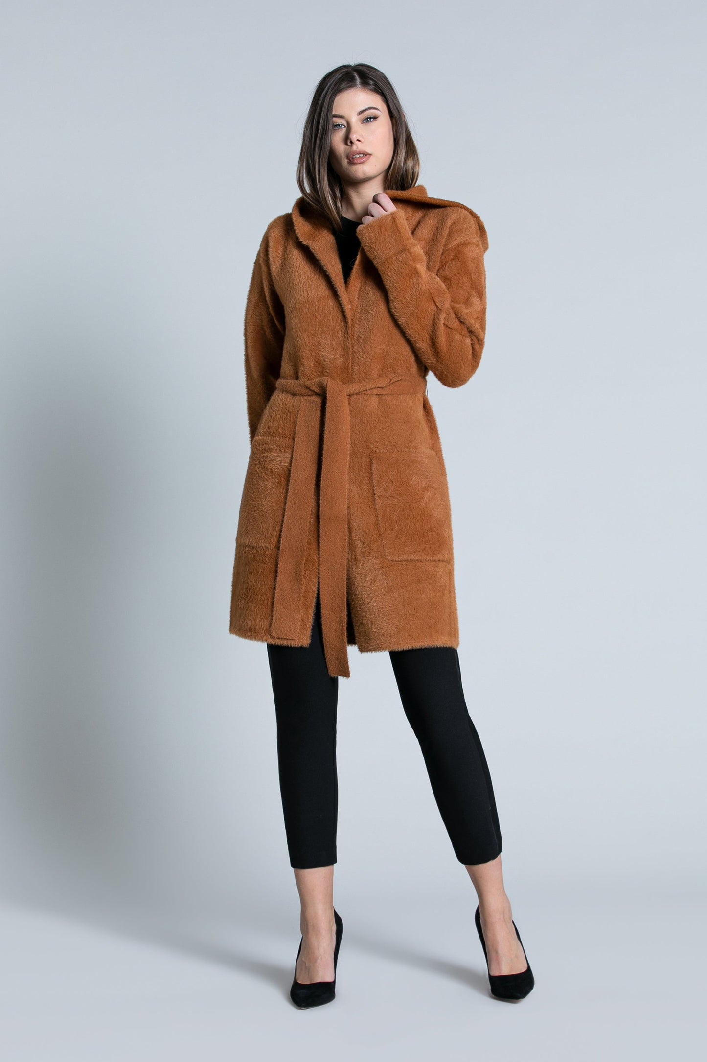 WILURDS 大衣连帽加腰带加口袋毛纱补丁