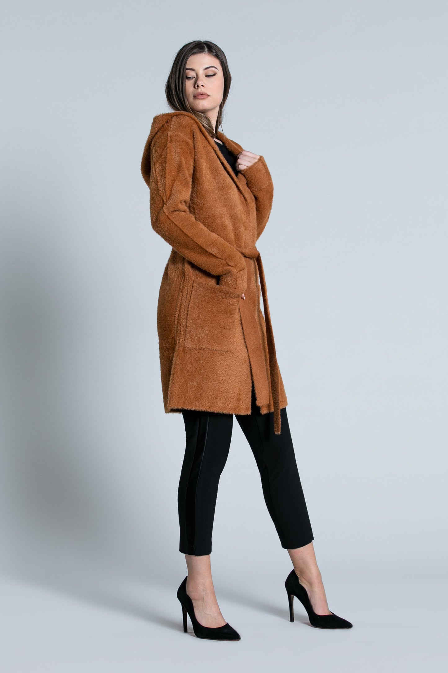 WILURDS 大衣连帽加腰带加口袋毛纱补丁