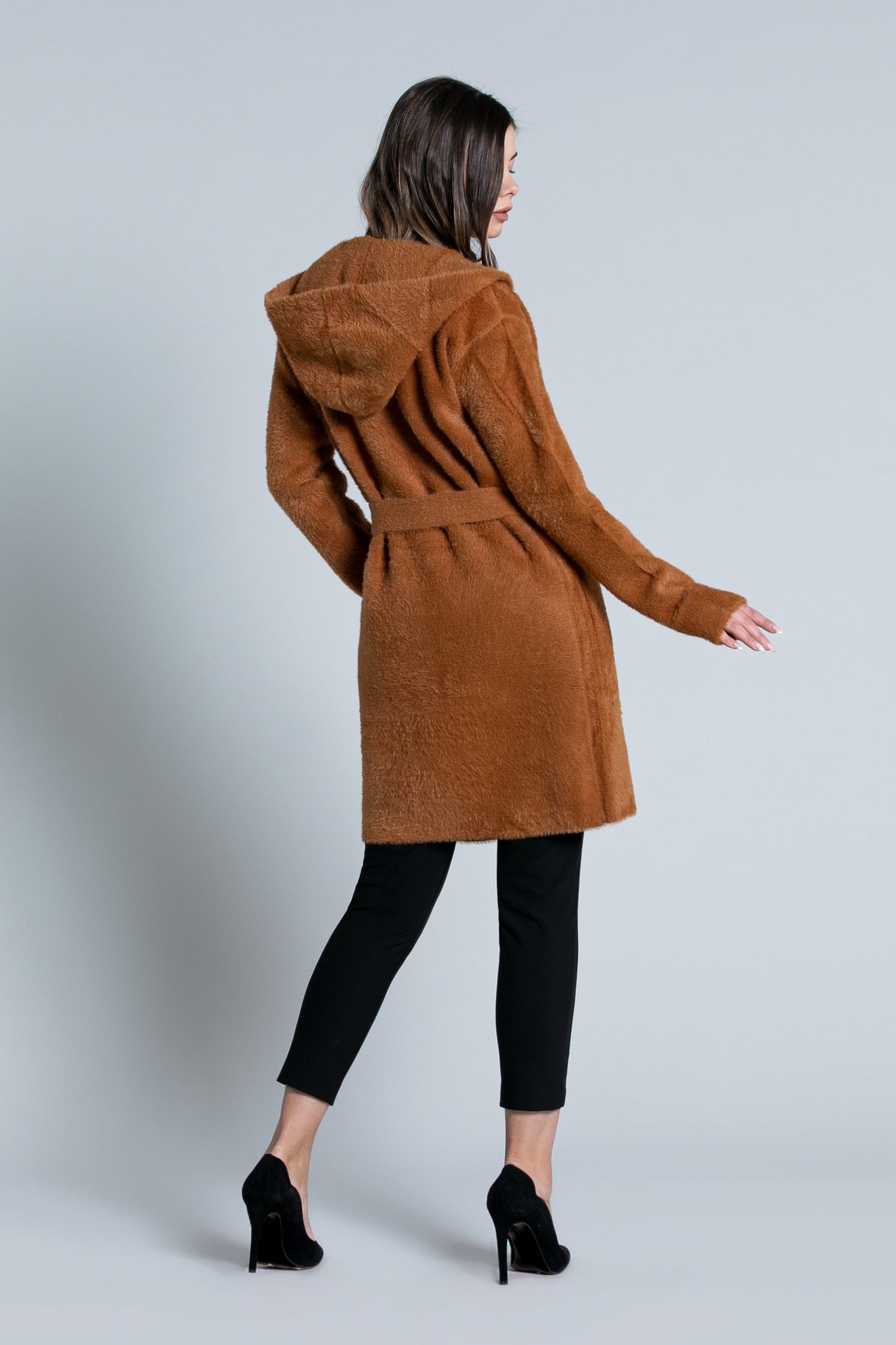 WILURDS 大衣连帽加腰带加口袋毛纱补丁