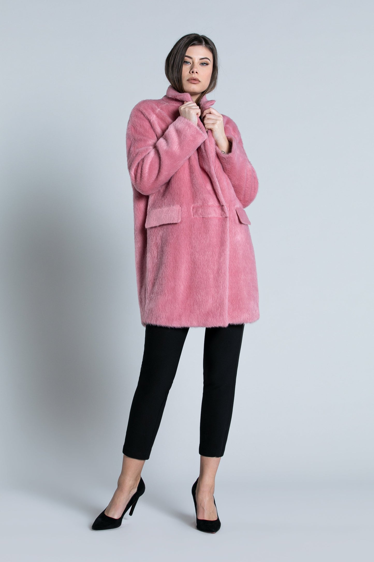 WIPO 双排扣长袖大衣，带口袋翻盖粉色皮草