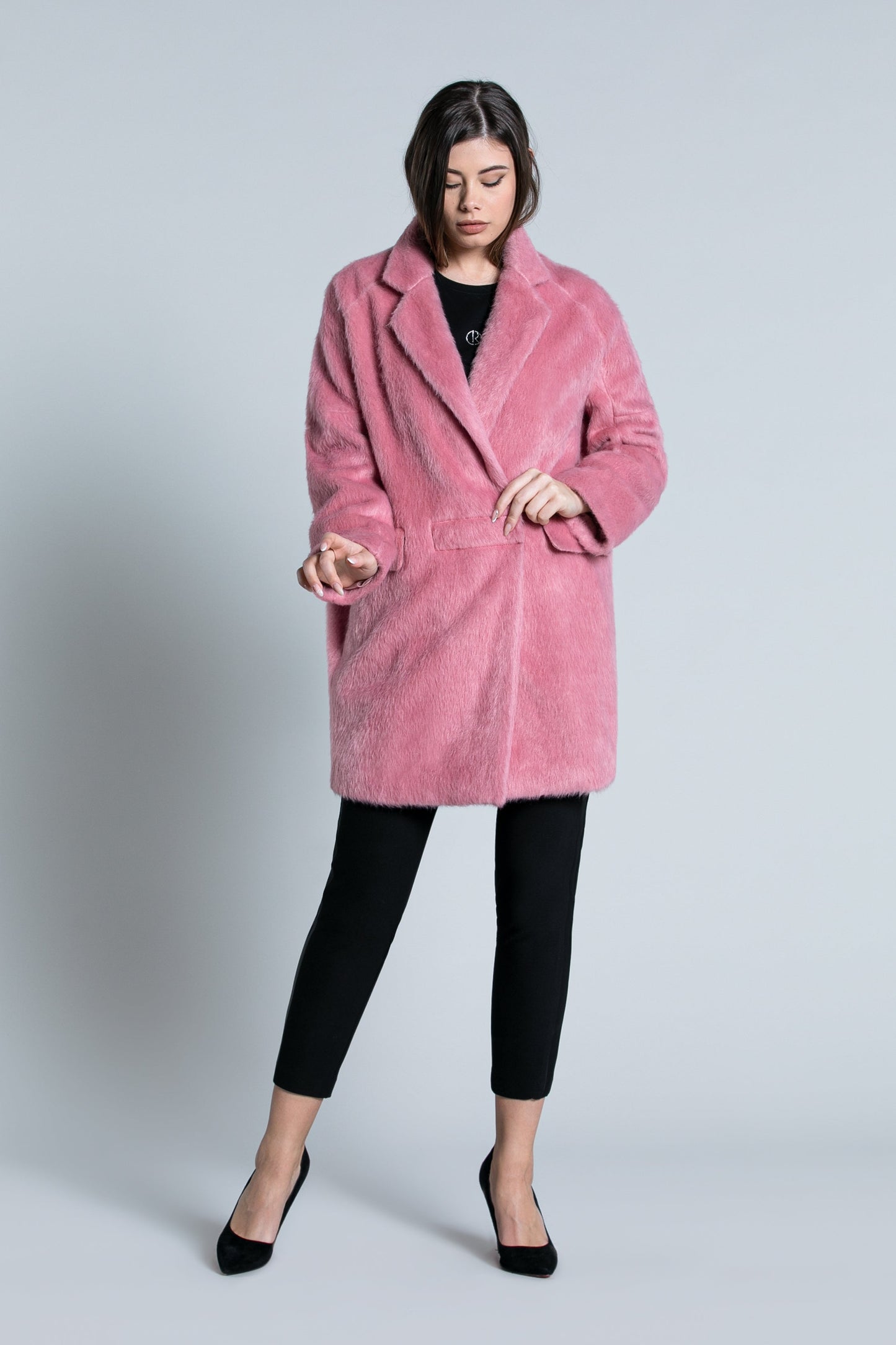 WIPO 双排扣长袖大衣，带口袋翻盖粉色皮草