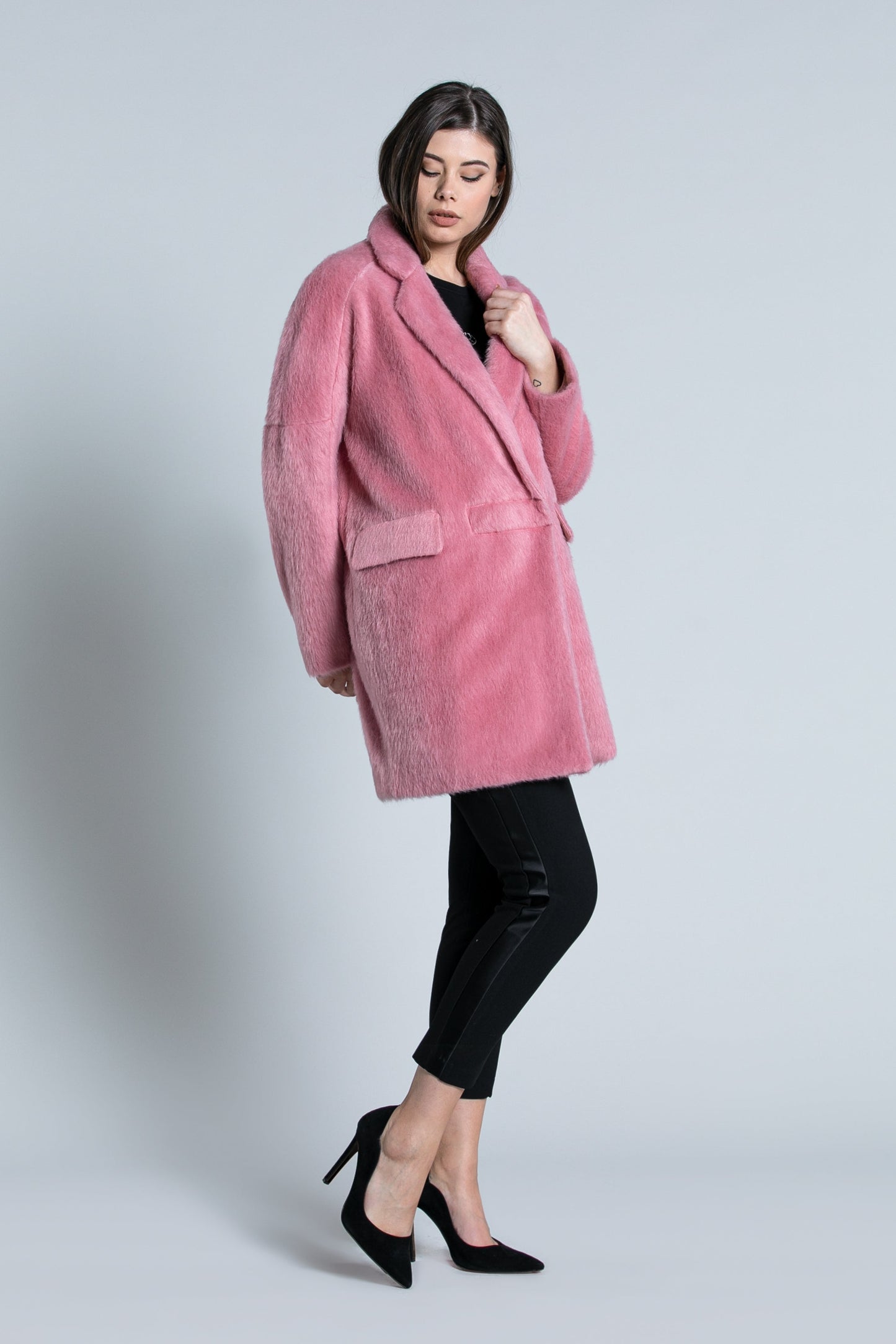WIPO 双排扣长袖大衣，带口袋翻盖粉色皮草