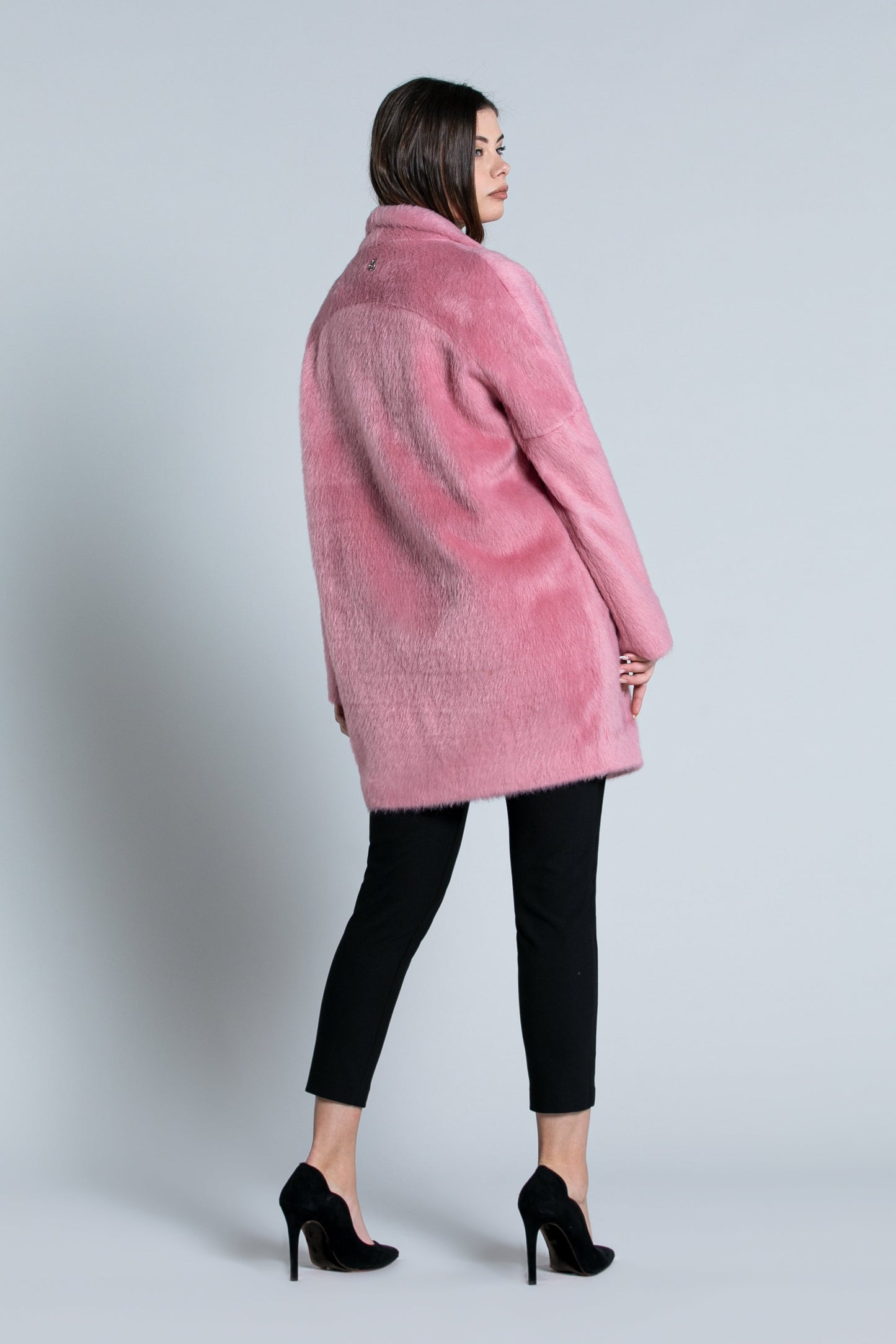 WIPO 双排扣长袖大衣，带口袋翻盖粉色皮草