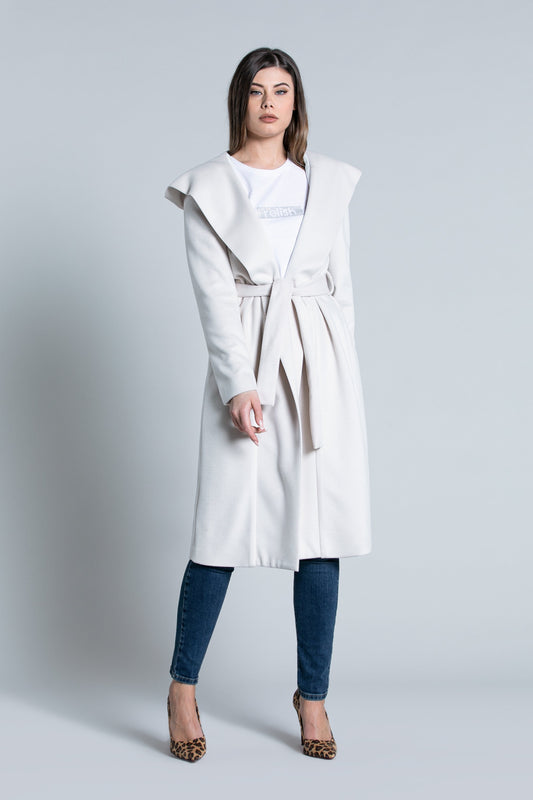 TAMMORE 连帽长袖外套加腰带加象牙色口袋