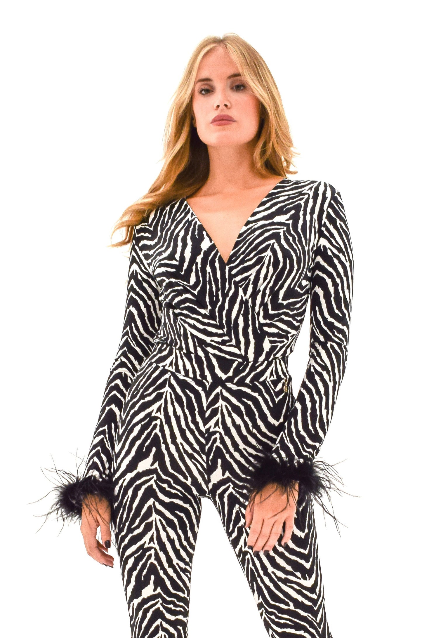 SEDUM 长袖连身V领衬衫加动物纹羽毛袖口