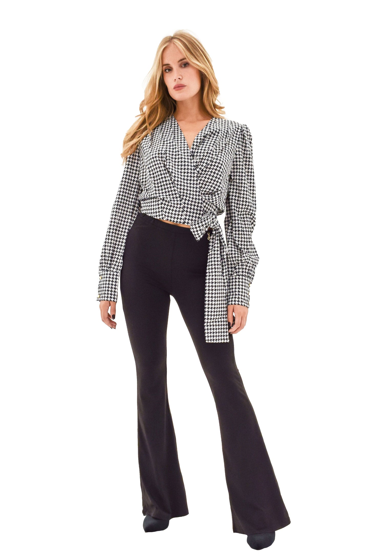 千鸟格图案蝴蝶结长袖亚麻衬衫