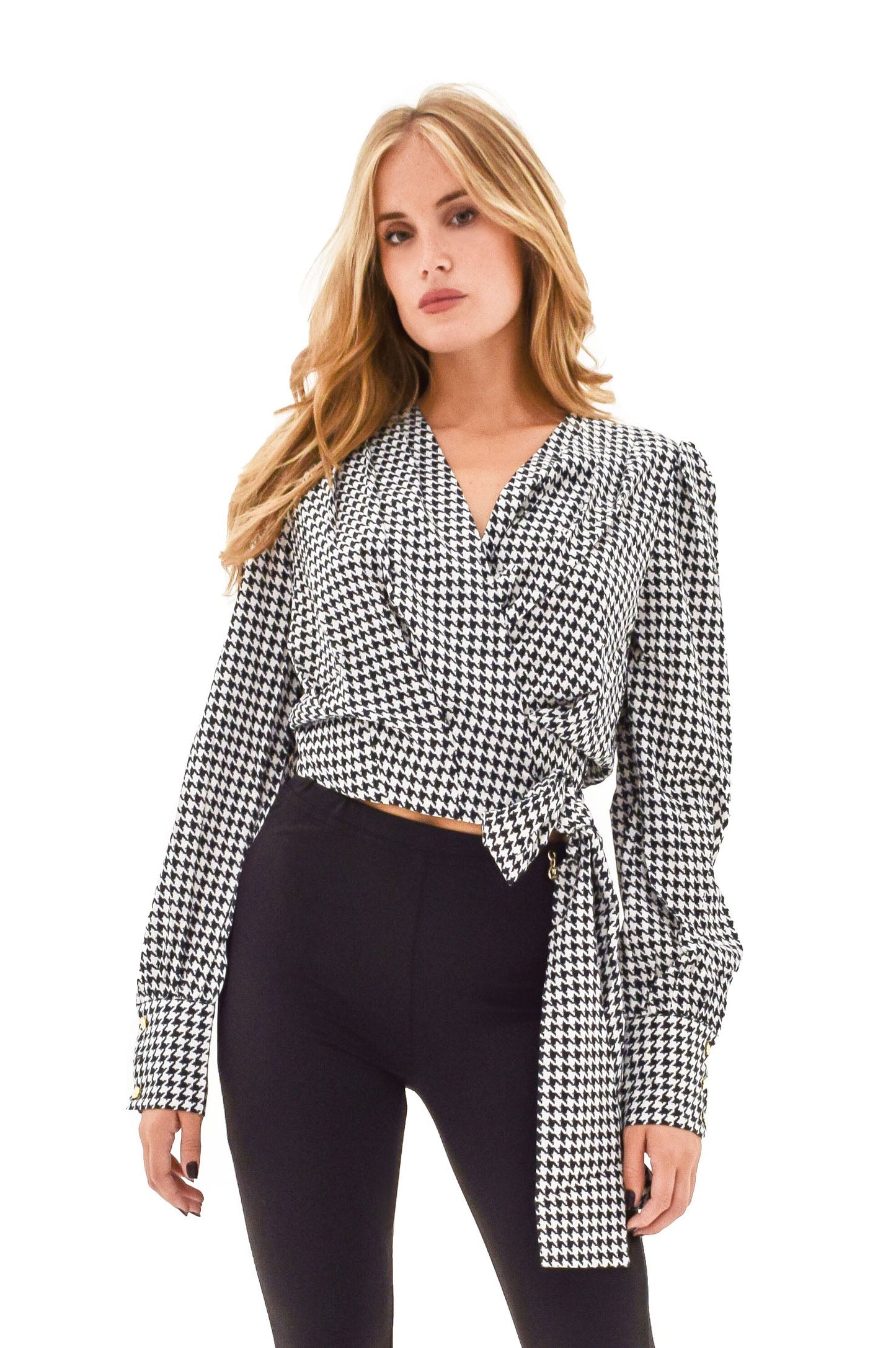 千鸟格图案蝴蝶结长袖亚麻衬衫