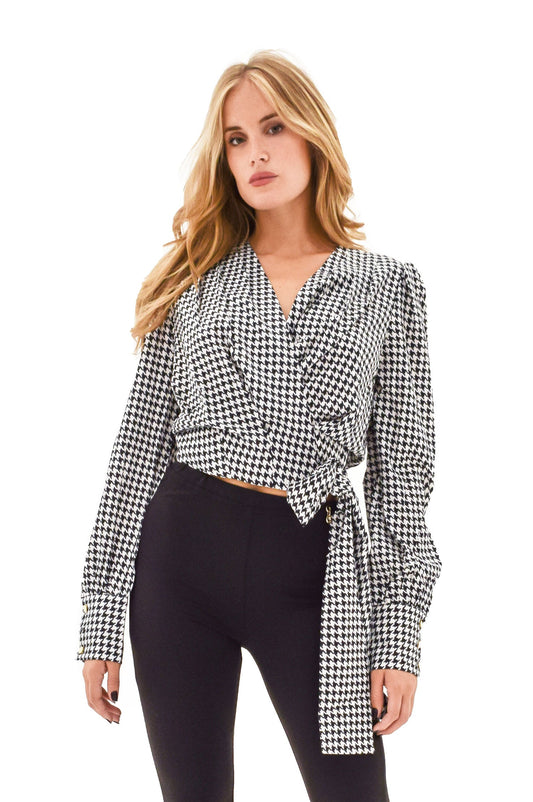 千鸟格图案蝴蝶结长袖亚麻衬衫