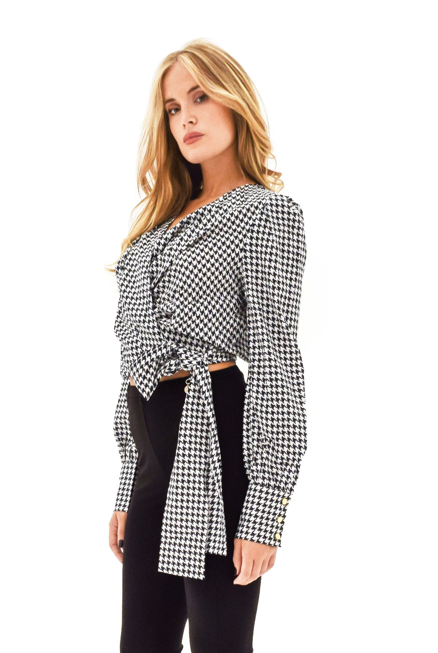 千鸟格图案蝴蝶结长袖亚麻衬衫