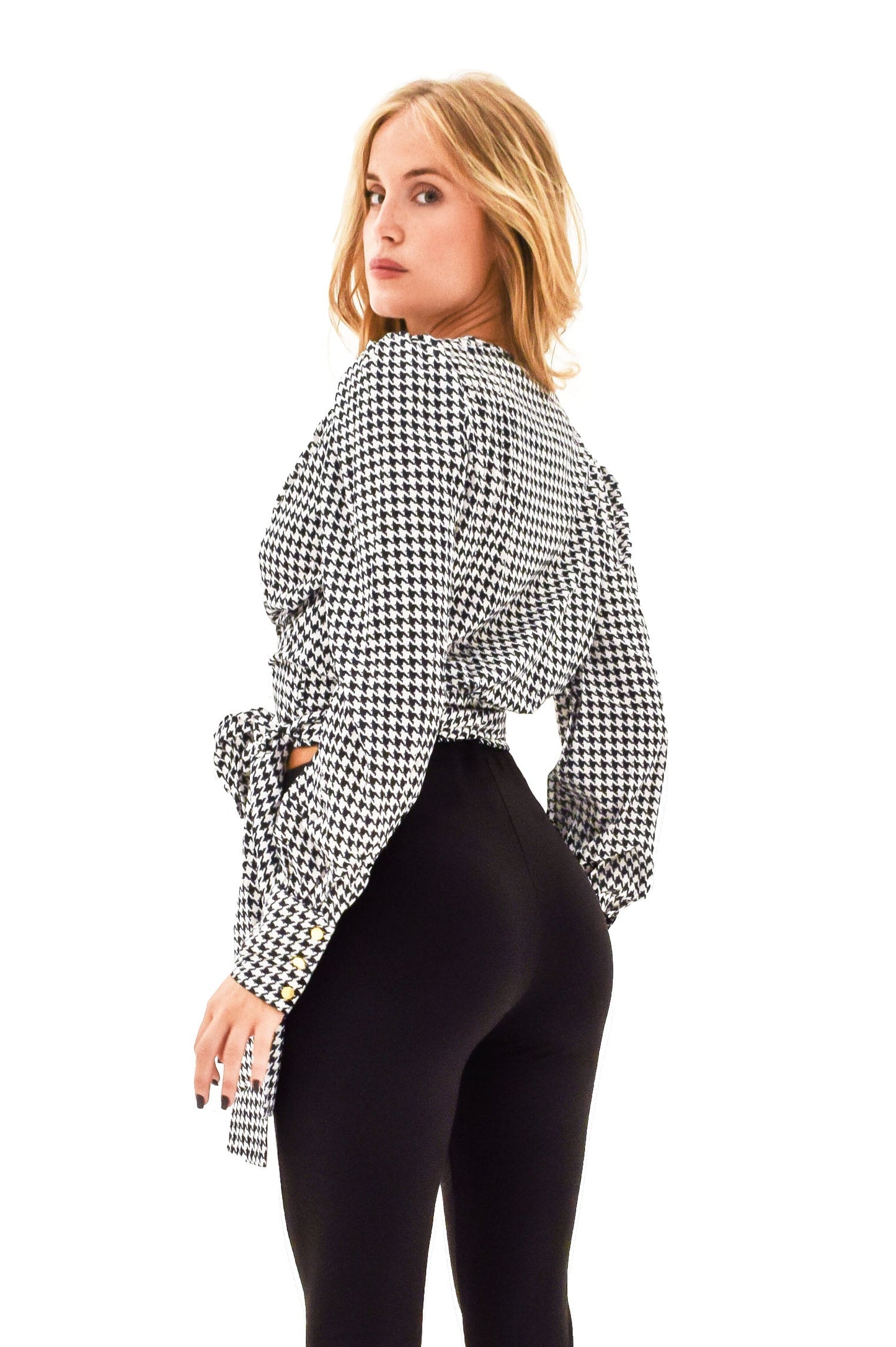 千鸟格图案蝴蝶结长袖亚麻衬衫