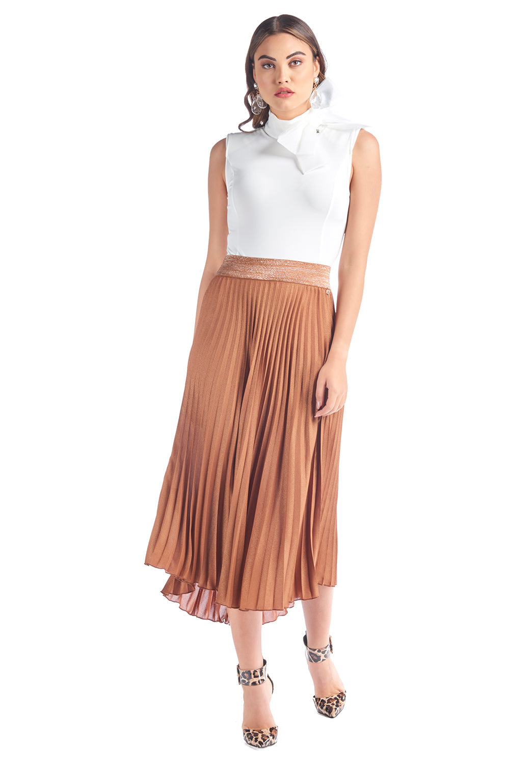 RIXA 镀金松紧带百褶中长裙