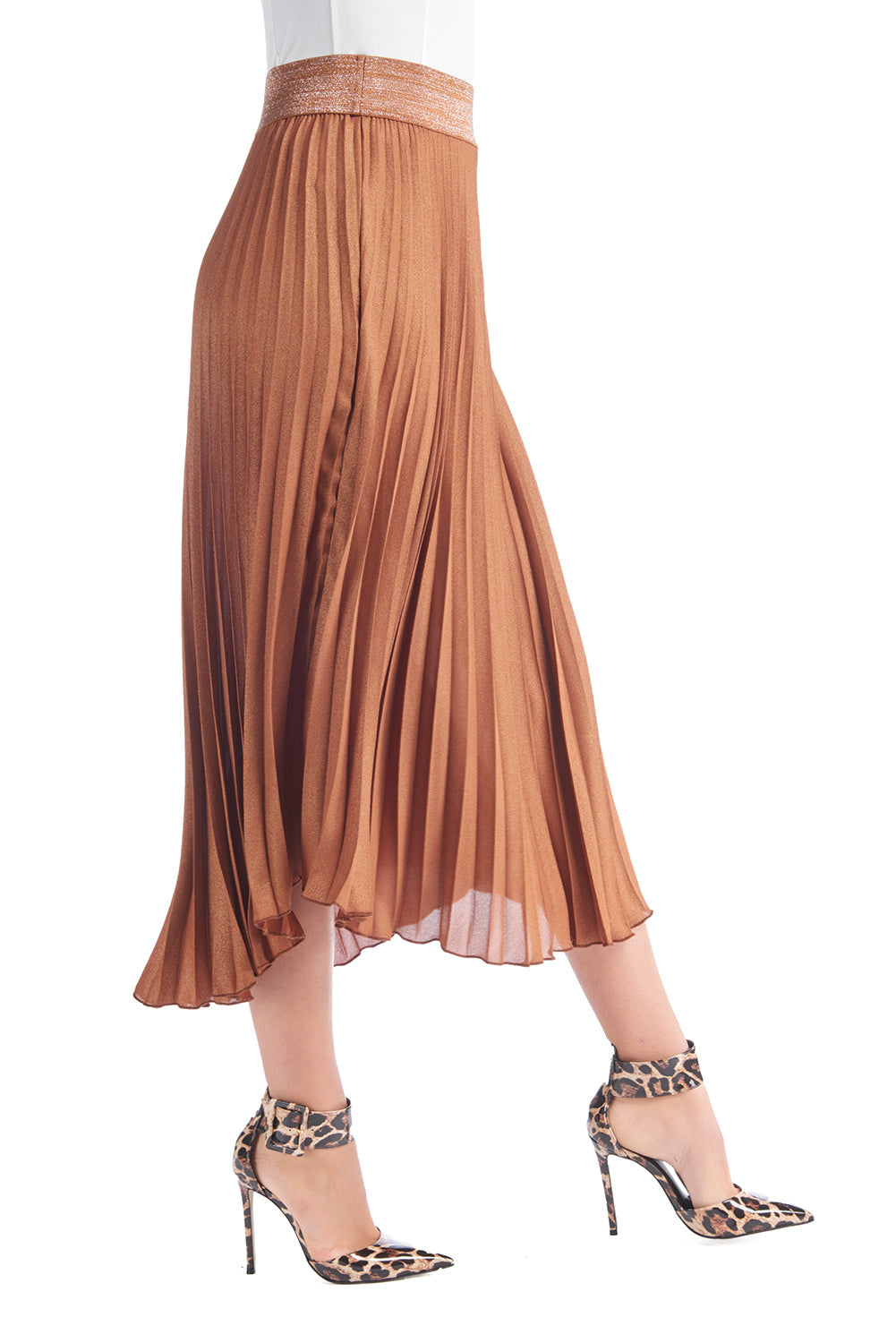 RIXA 镀金松紧带百褶中长裙