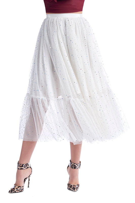 SINDY/薄纱荷叶边和虹彩应用长裙