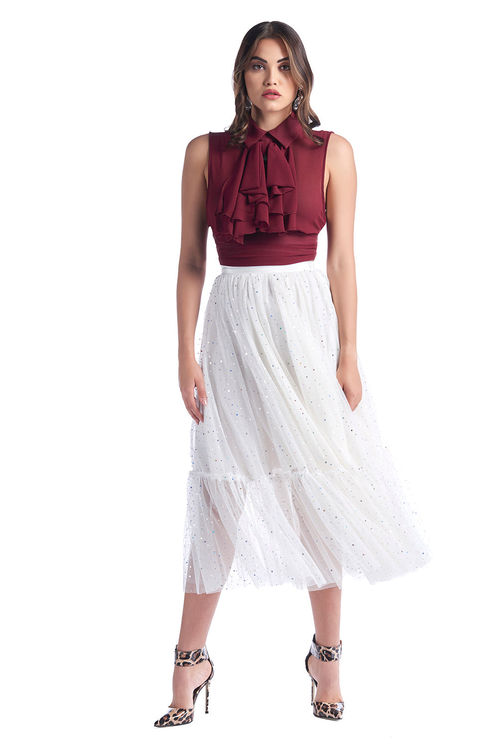 SINDY/薄纱荷叶边和虹彩应用长裙