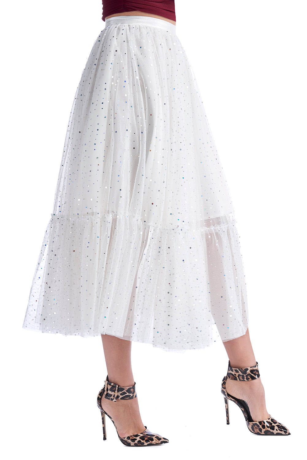 SINDY/薄纱荷叶边和虹彩应用长裙