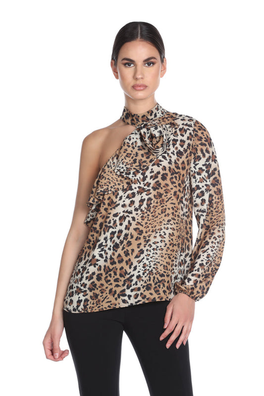 HUTR l/s 单肩衬衫，领子加扇形褶皱。斑