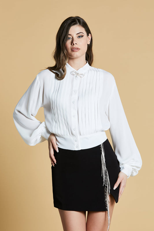 MOUS SHIRT 短款灯笼袖韩版立领百褶加水钻胸针