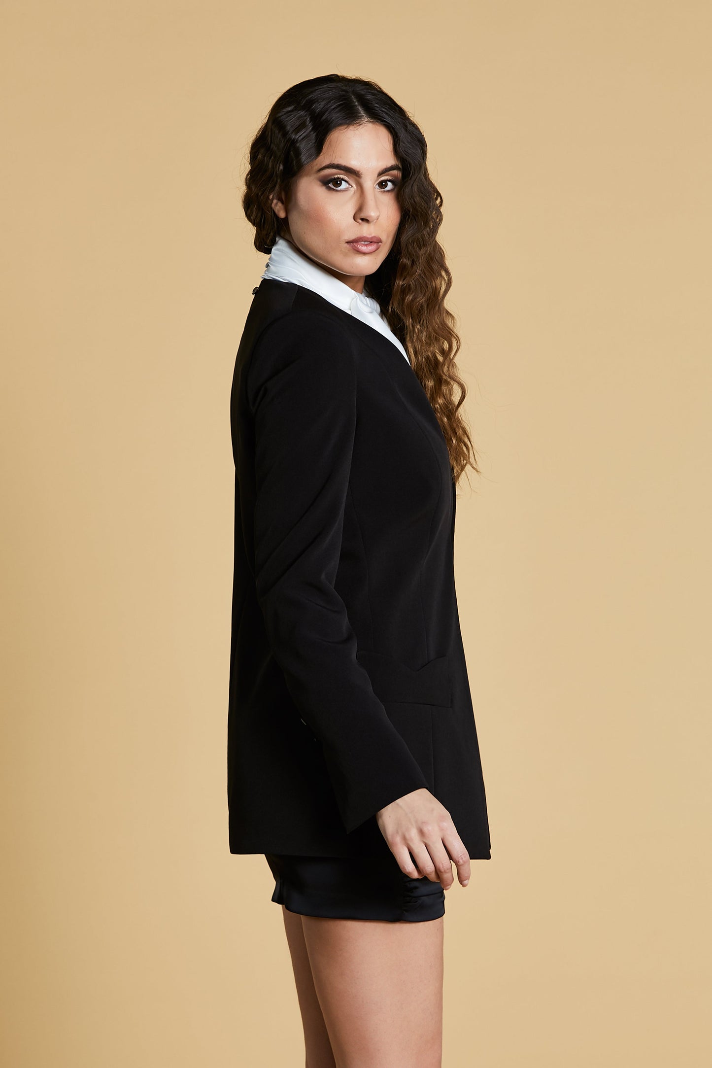 TUSIT 长袖纽扣无领无领夹克带挂钩加口袋