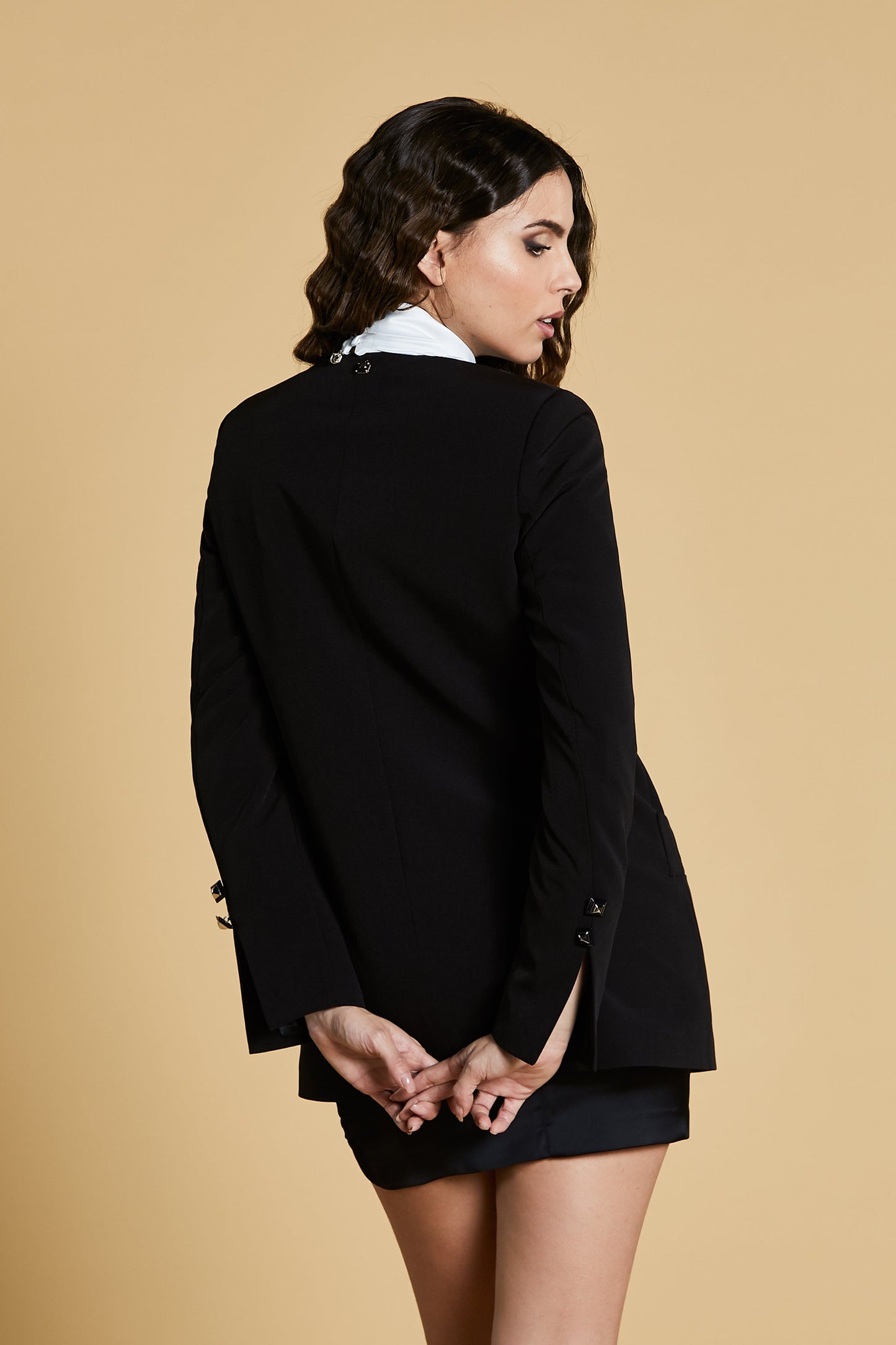 TUSIT 长袖纽扣无领无领夹克带挂钩加口袋