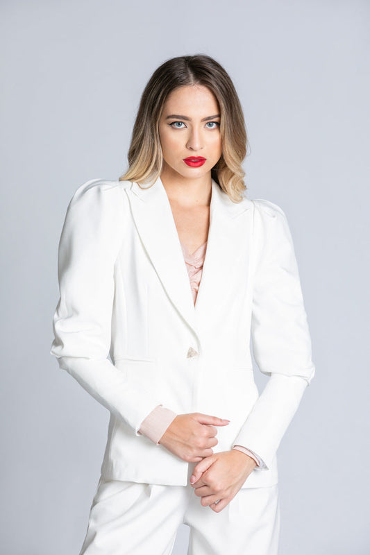 STANLEY 长款泡泡袖夹克，配以珠宝纽扣和口袋