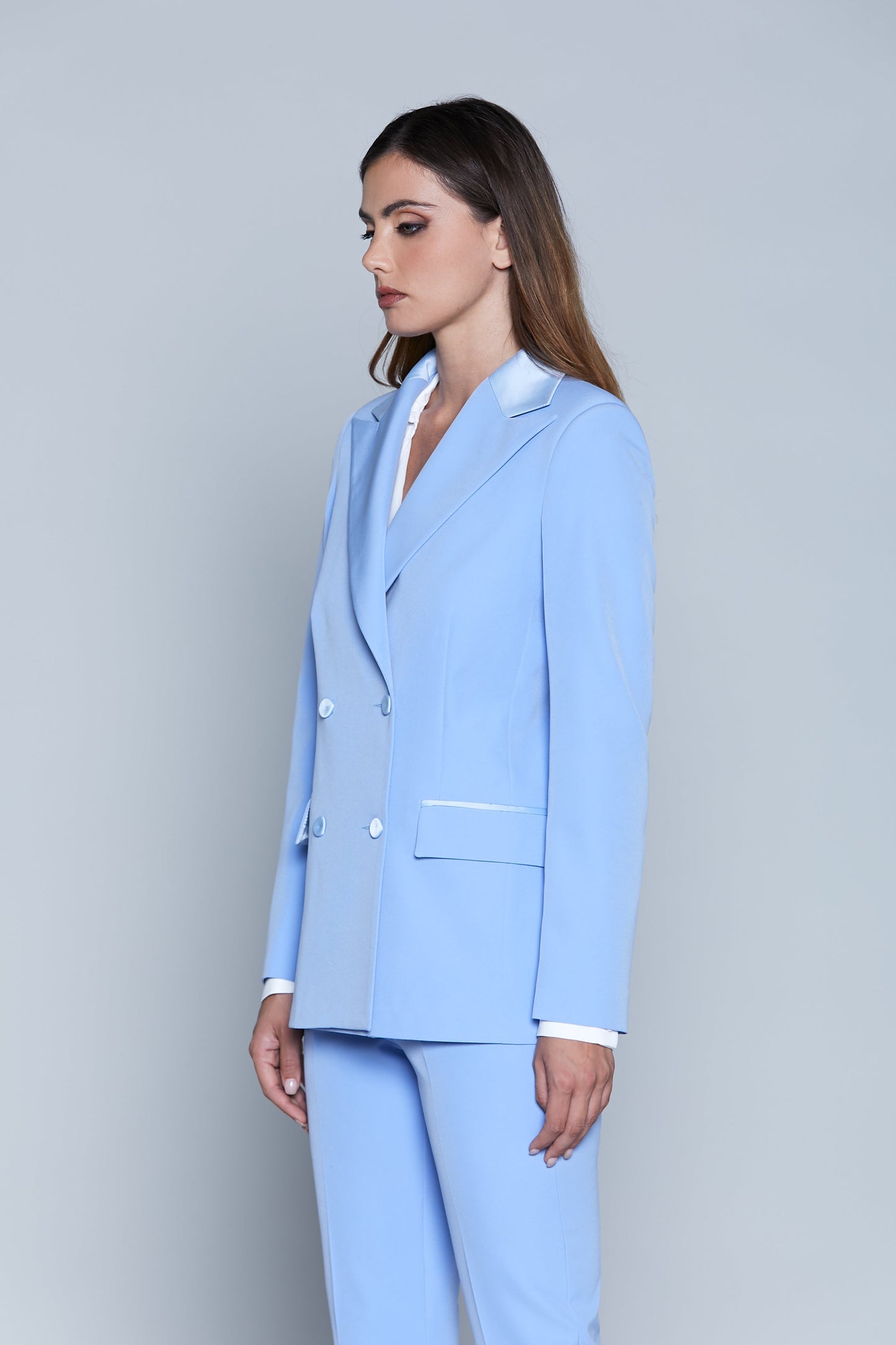 YUIO 长袖双排扣夹克，带口袋和缎面嵌件