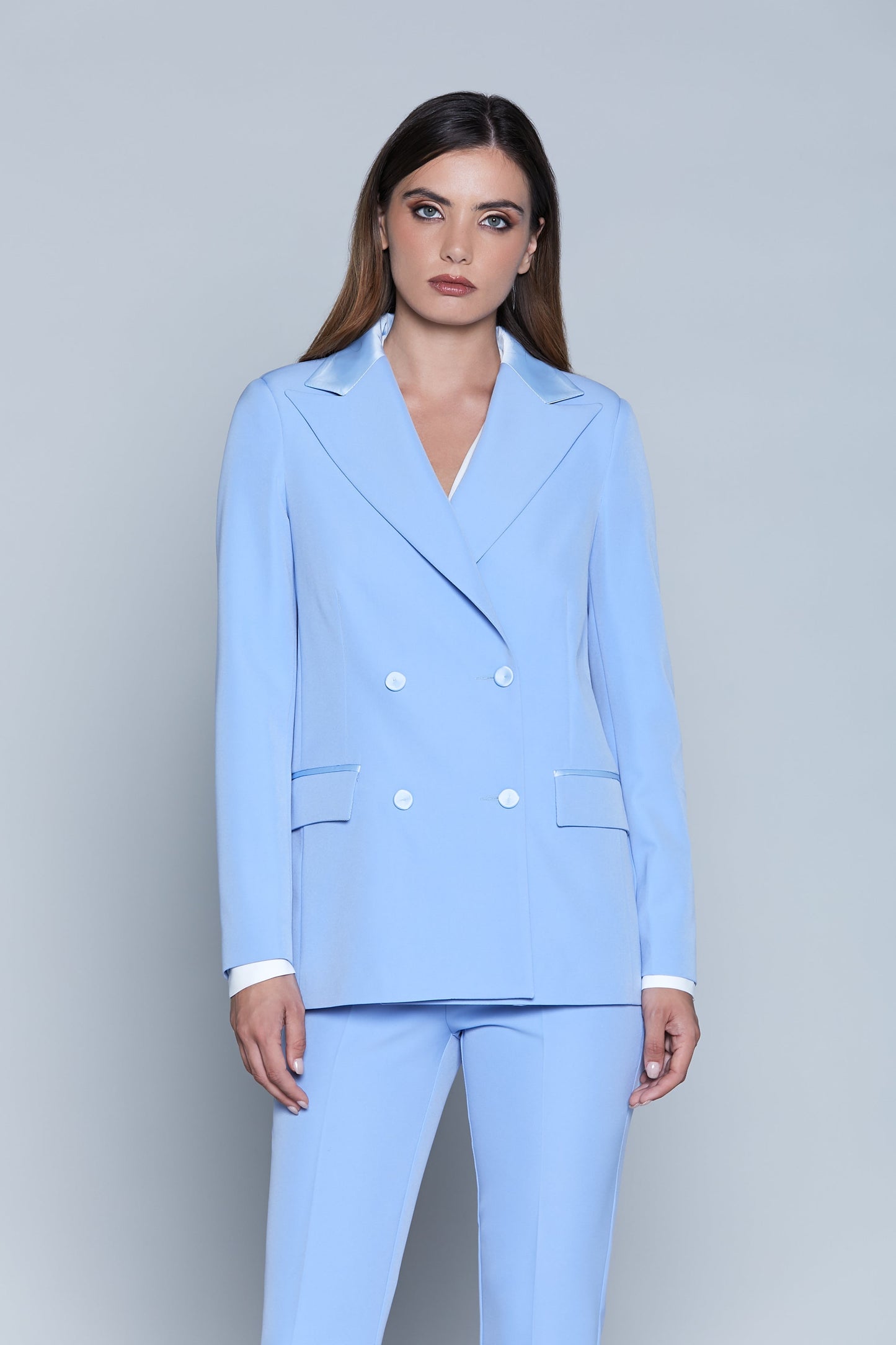 YUIO 长袖双排扣夹克，带口袋和缎面嵌件