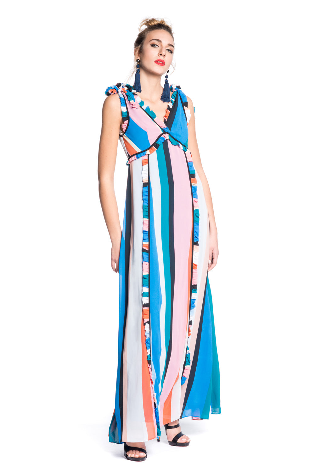 双 V 领多色条纹长款连衣裙 GIES/A