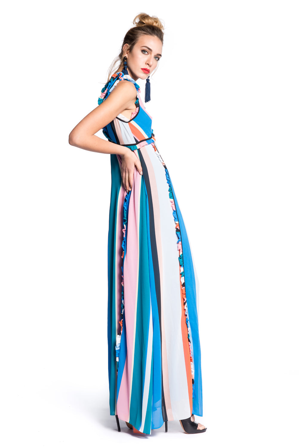 双 V 领多色条纹长款连衣裙 GIES/A