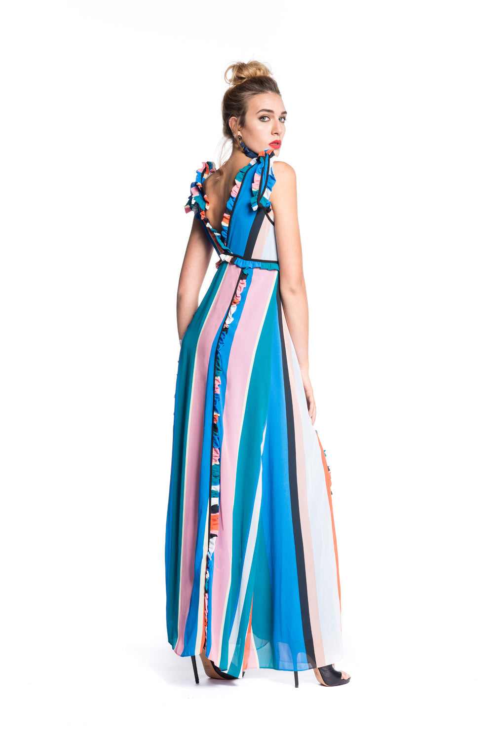 双 V 领多色条纹长款连衣裙 GIES/A