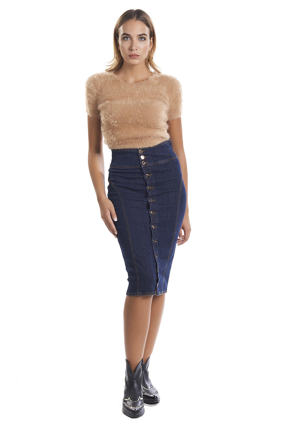 YATES 圆领短袖毛皮效果毛衣