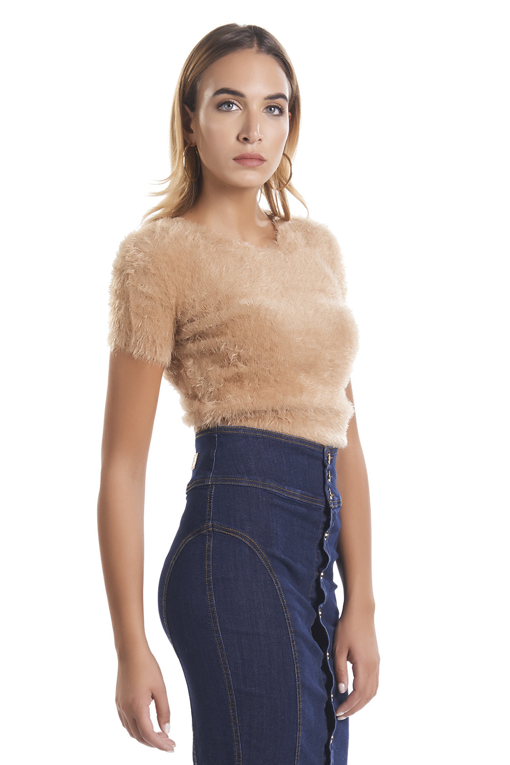 YATES 圆领短袖毛皮效果毛衣