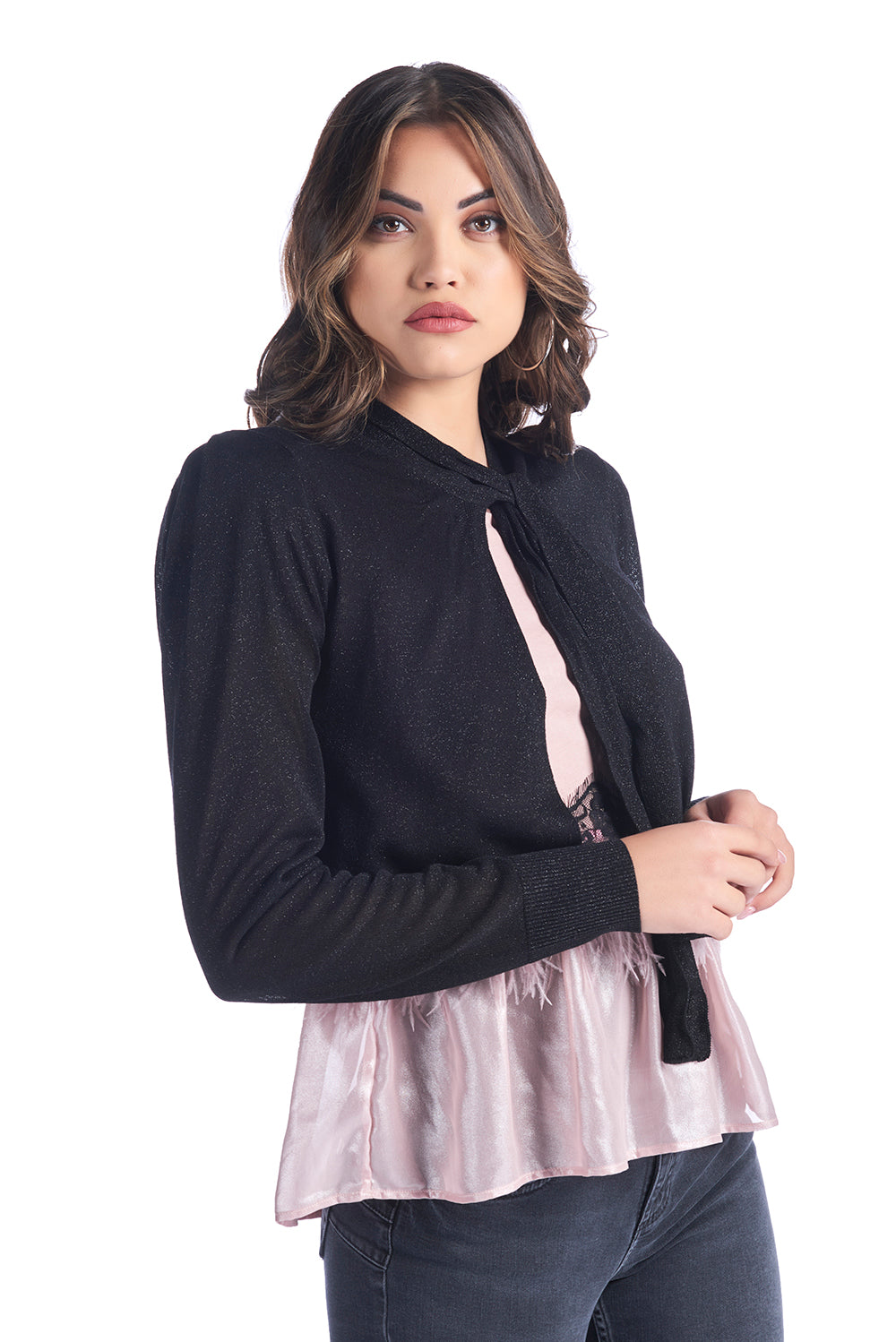 MARZIA 蝴蝶结金银丝短款开衫