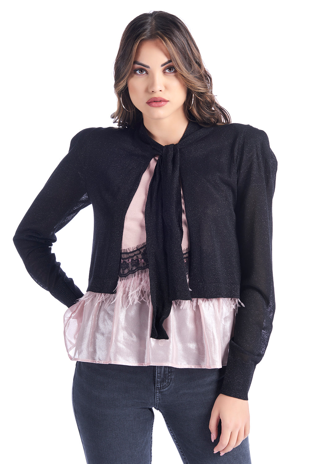 MARZIA 蝴蝶结金银丝短款开衫