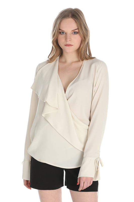 SANTASA 领口荷叶边长袖交叉女式衬衫