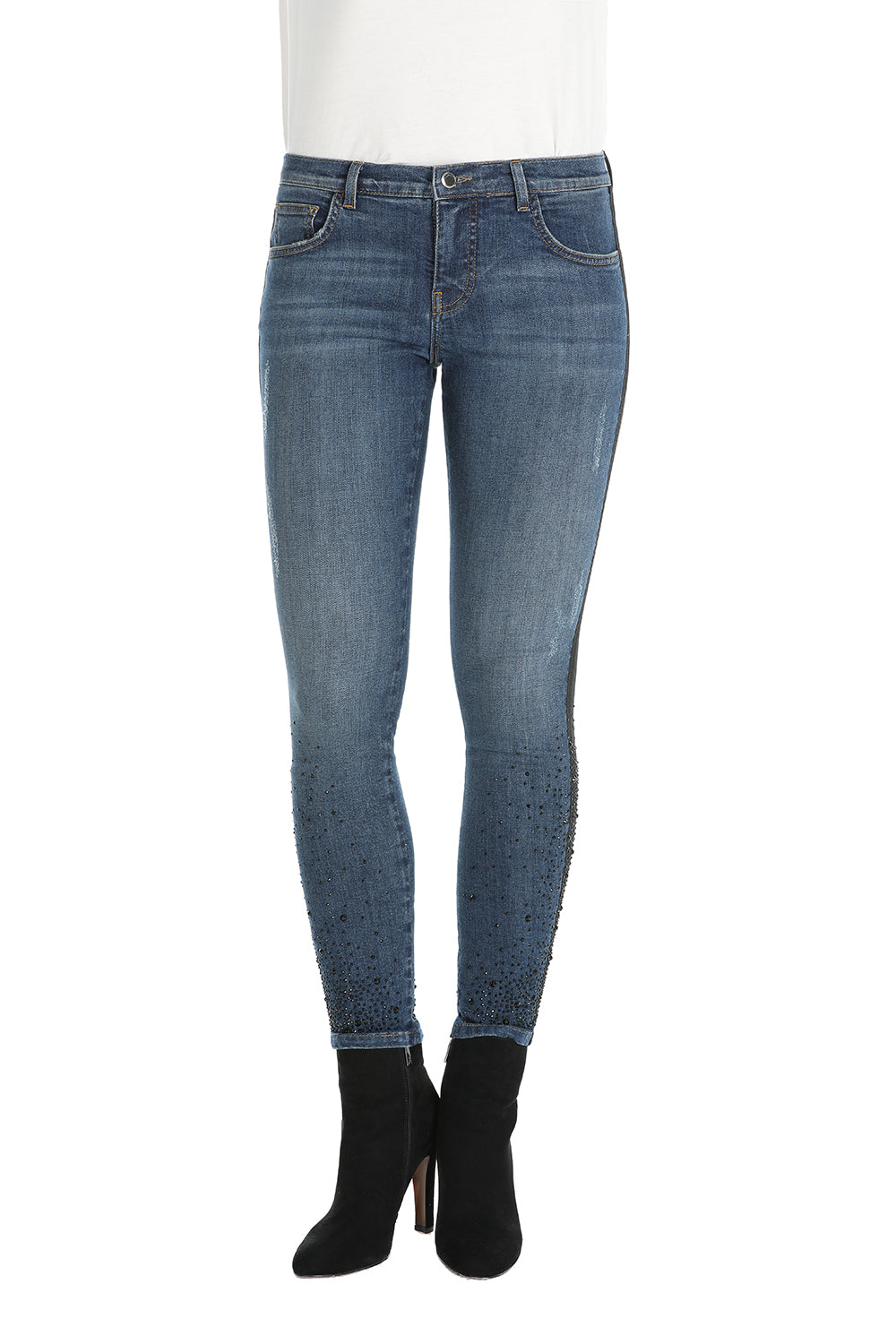 SVEVA 深蓝色牛仔布五口袋高腰牛仔裤，罗缎滚边，底部镶钻