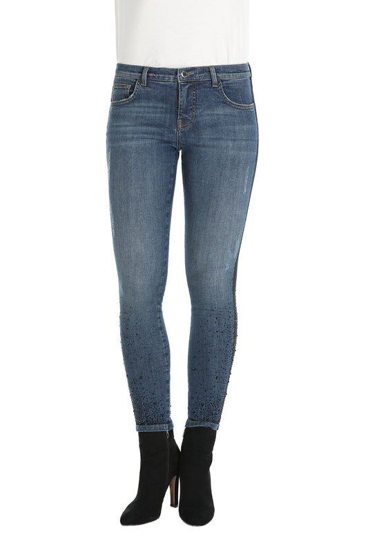 SVEVA 深蓝色牛仔布五口袋高腰牛仔裤，罗缎滚边，底部镶钻