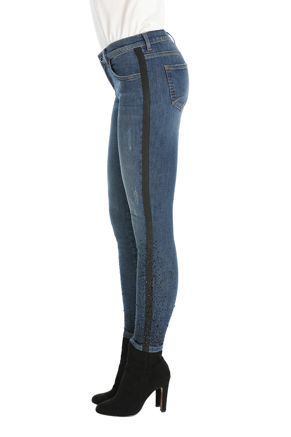 SVEVA 深蓝色牛仔布五口袋高腰牛仔裤，罗缎滚边，底部镶钻