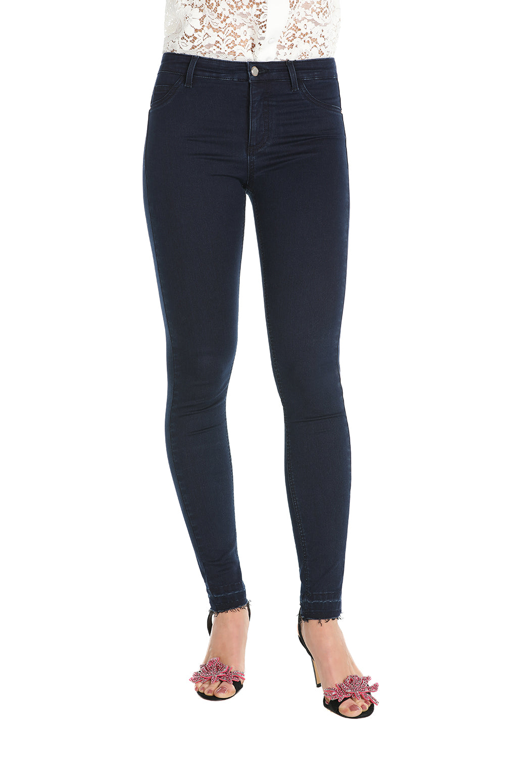 裤子 牛仔裤 jeggings 高腰牛仔布 蓝色 深色背景 流苏 CAMEM