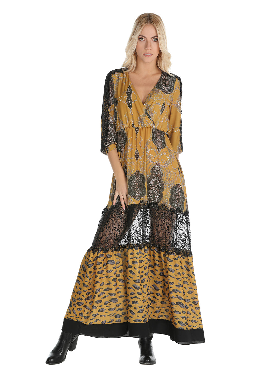 印花长款连衣裙和 3/4 袖蕾丝 SAYEH