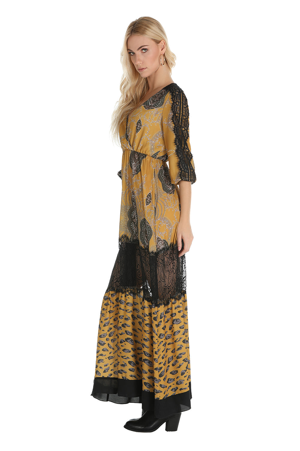 印花长款连衣裙和 3/4 袖蕾丝 SAYEH